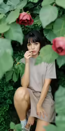 a woman with a short skirt sitting in front of a rose bush