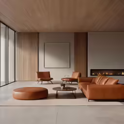 an interior scene featuring a living area with couches and chairs
