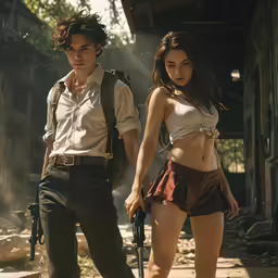 a man holding a gun as a woman watches from her knees