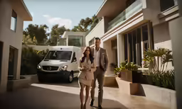 a man and woman walking away from a white van