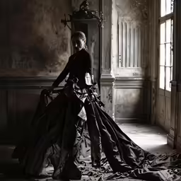the woman is dressed in black and stands against a wall