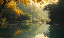 trees and foliage reflect in the still water of a river