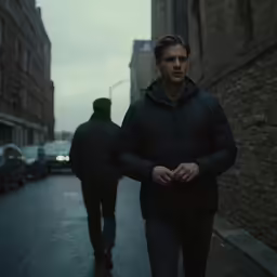 two people walking down an urban street in the rain