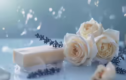 the flower and soap are laying next to each other