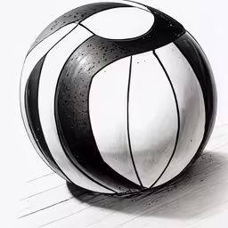 a large black and white ball on a wooden floor