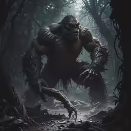 a large gorilla is walking through the woods