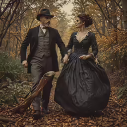 a man and woman in long dress walk through leaves in a forest