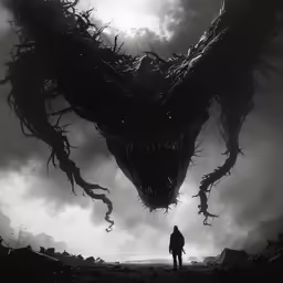 a creature is standing in front of a man
