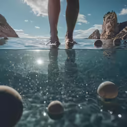 a person walking on the water between rocks and waves