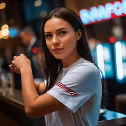 a woman that is standing in front of a bar