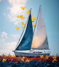 a sail boat with yellow birds in the sky