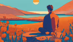 a man sitting on a bench near a body of water,an illustration of a person sitting in a field with water and mountains