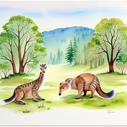 an illustration of two brown and white animals,a picture of a kangaroo and anteater