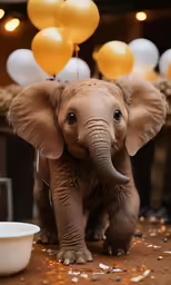 the elephant is standing under the white balloons