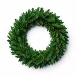 a green circular wreath made of evergreen leaves