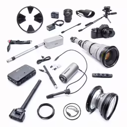 camera equipment with multiple lens and equipment on a white surface