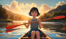 a little girl in a blue dress is rowing a boat,a little girl riding in a canoe on water
