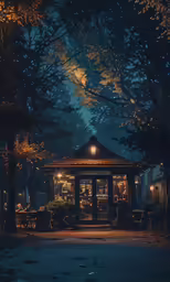 a gazebo sitting under some trees in the night