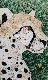 a baby laying on some rock with a dalmatian pattern
