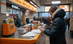 a person standing in front of a counter at a food court