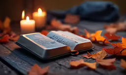 two books are lying next to some candles