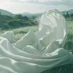 white cloth with a person laying in it on the ground