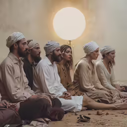 six men sitting in meditation at home