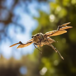 a macro photograph of a honeybee flying through the air