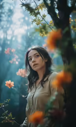 a woman standing next to an orange flower in the forest