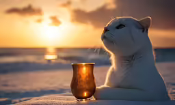 a white cat sitting next to a glass