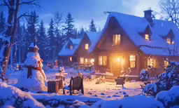 snow covered yard and christmas decorations at night