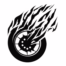 a black and white drawing of a motorcycle wheel with fire spewing out the center