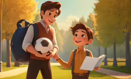 an animated character holding a book and a soccer ball