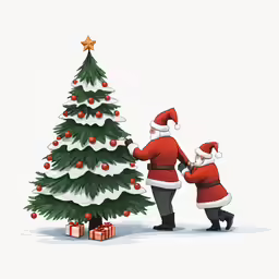 two people in costumes putting decorations on a christmas tree