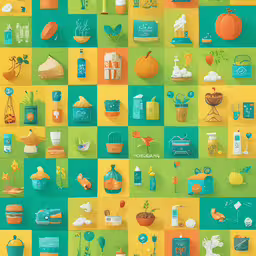 different things are arranged on a colorful surface,many different icons set on different green and yellow squares