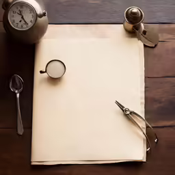 a notepad with a magnifying glass, spoon and a clock