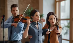 three people are holding their instruments while standing by them