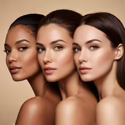 three women looking straight ahead while one of them is in the foreground