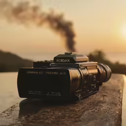 a camera is shown in this picture at sunset