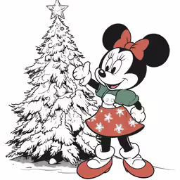 minnie mouse near a christmas tree on white