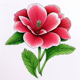a flower is shown with green leaves in it,a close up of a very pretty flower with leaves,a drawing of a flower with a green stem,a flower with green leaves painted on the side,a tattoo picture of a red flower on a white background