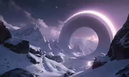 an illustration shows a giant disk in the snowy mountains
