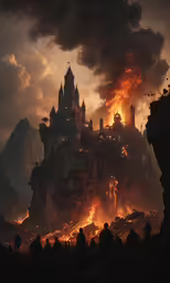 a castle in a dark mountain is illuminated by fire