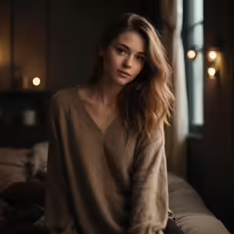 a woman is sitting on the bed in a sweater
