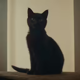 a black kitten is sitting on a table looking off into the distance