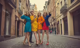 a group of women that are standing on a cobblestone street