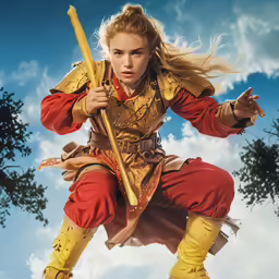 a young girl dressed in armor holding a sword