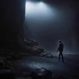a man standing in a cave with one light on