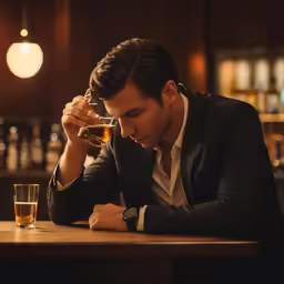 the man is sitting at a bar with a glass of whisky