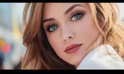 a woman with blonde hair is wearing blue eyes and a white blouse
